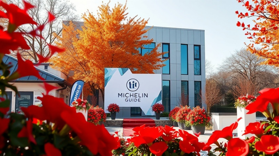 Michelin Guide ceremony setup in Greenville SC with red flowers and autumn trees.