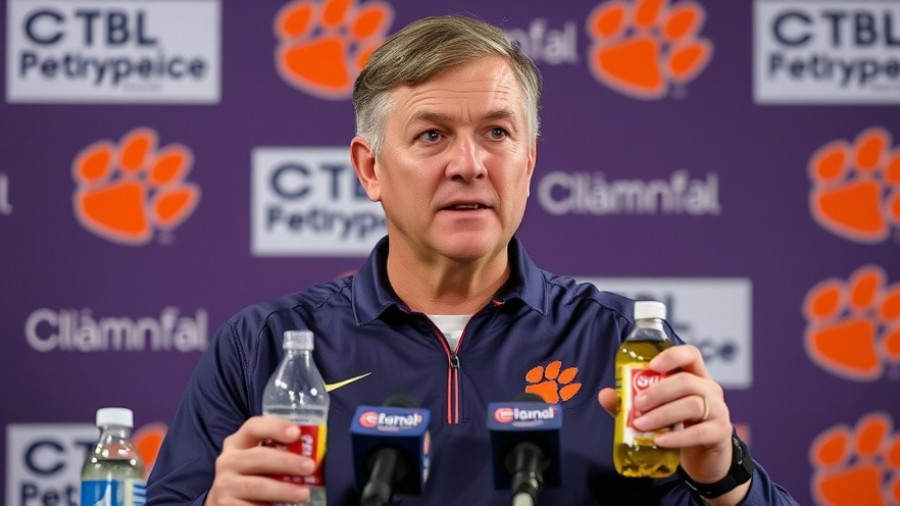 Dabo Swinney Clemson FSU preview press conference with logos.