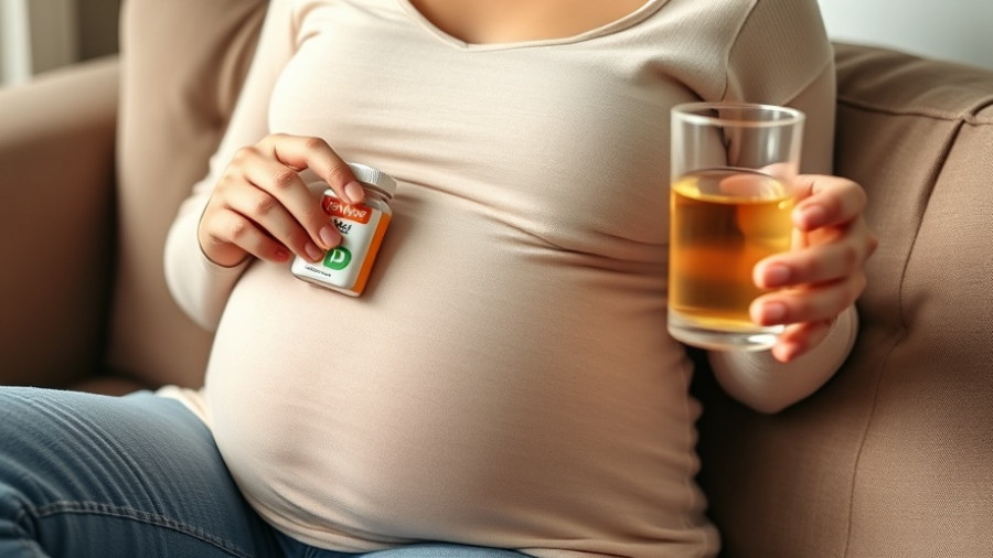 Pregnant woman with vitamin D supplements and water, highlighting low maternal intake of vitamin D during pregnancy.