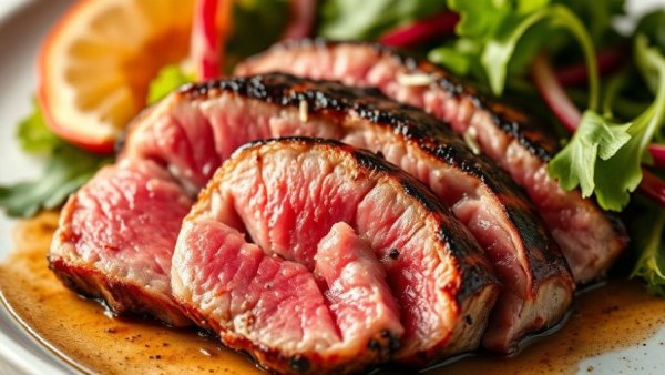 Juicy grilled tuna steak slices with salad on white plate.