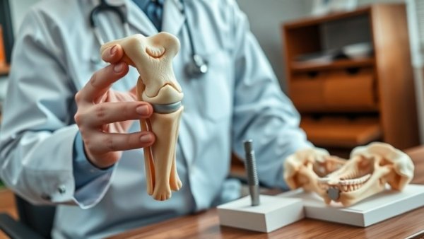 Doctor demonstrating knee implant with anatomical models.