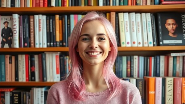 Smiling young woman by bookshelf with fashion books, Cakes Nipple Covers.