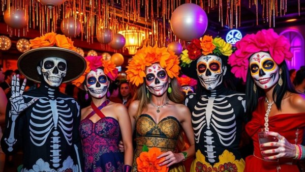 Noche de Ofrendas Celebration in colorful traditional costumes.