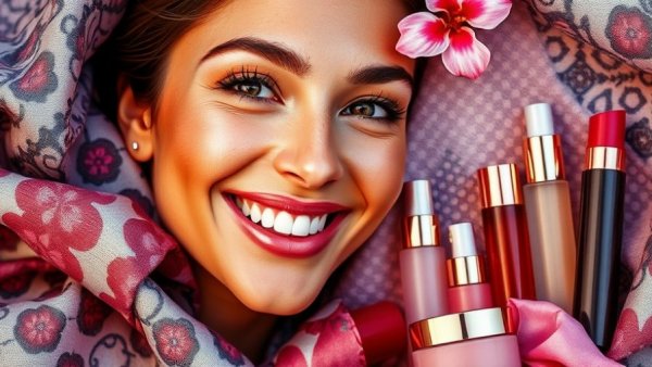 Collage of women's beauty techniques with products and textiles.