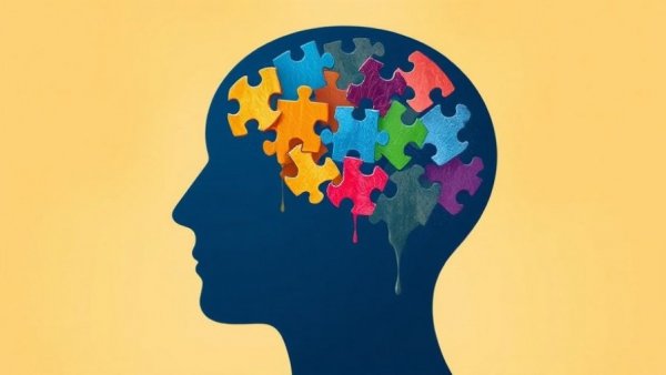 Illustration of dementia awareness, head puzzle symbolizing memory loss