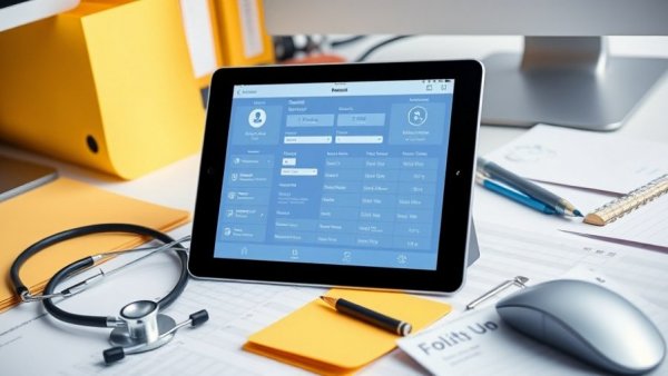 Digital healthcare interface showing electronic medical records on a tablet.