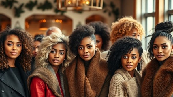 Trendy winter hairstyles displayed by diverse group, stylish ambiance.