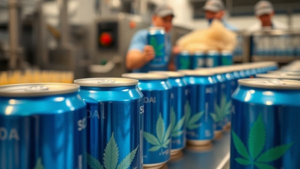 Close-up of cannabis-infused soda cans on production line, cannabis industry news.