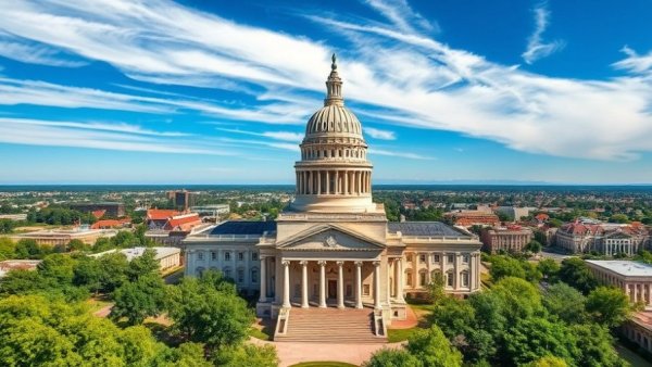 Aerial view of Oklahoma State Capitol, blue sky, urban landscape.