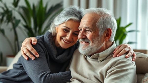 Dementia Caregiver Challenges: Woman comforting senior man in cozy home.