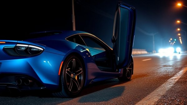 Blue car parked on dark road at night near construction zone.