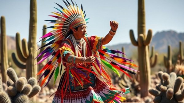 Vibrant Sonoran Desert celebration with traditional dancer in colorful attire.