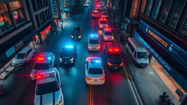 Overhead view of street with police cars and lights, Phoenix pedestrian safety.