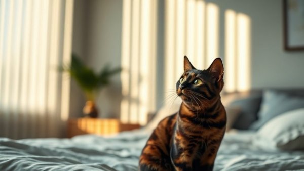 Tortoiseshell cat on bed looking intently with soft daylight, setting to reduce their carbon pawprint.