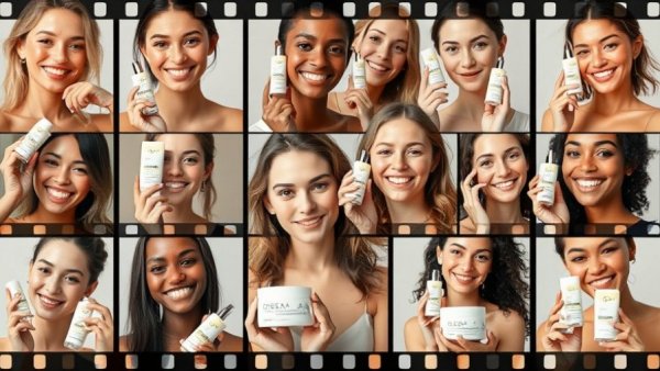 Collage featuring people with various OSEA skincare products, smiling.