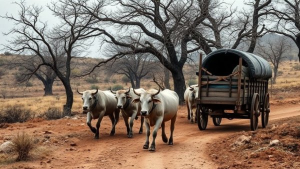 Historic oxen pulling wagons in Phoenix valley news setting, vintage photo.