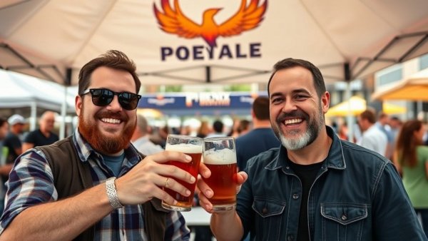 Two men toasting drinks at AZ Barrels, Bottles & Brews event.
