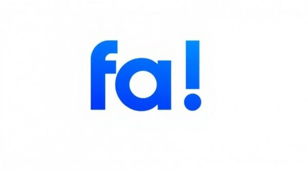 Minimalist logo with blue 'fa!' on white background.