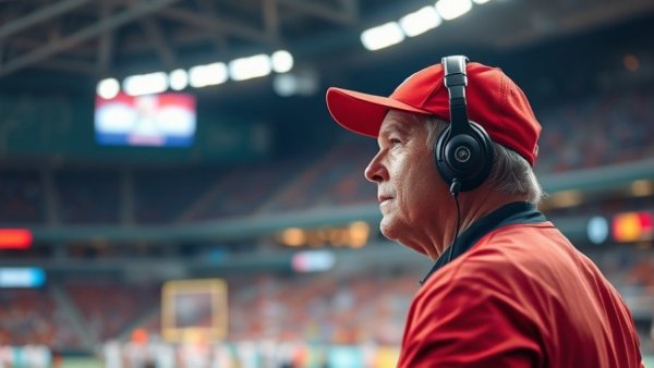 Focused coach at Arizona Cardinals game, concentrating mid-play.