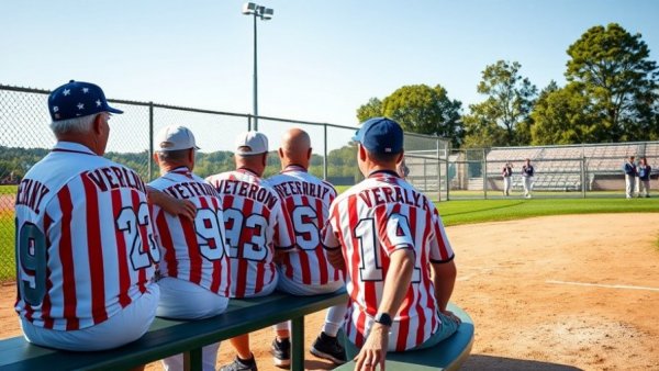 Veterans at Pebble Creek softball tournament, sitting on a bench, sunny day.