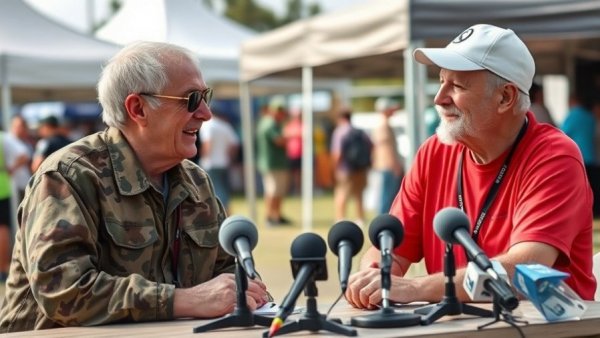 Two men conversing at an outdoor event with microphones.
