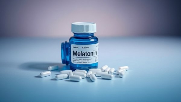 GLP-1 medications and melatonin: blue bottle and pills on gradient surface.