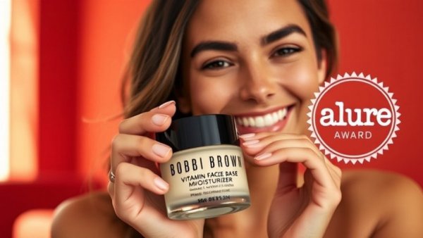Smiling woman with Bobbi Brown Vitamin Face Base Moisturizer, award-winning.