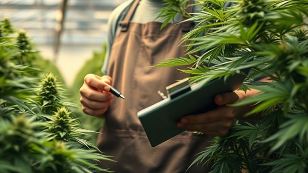 Person inspecting cannabis plants in greenhouse environment.