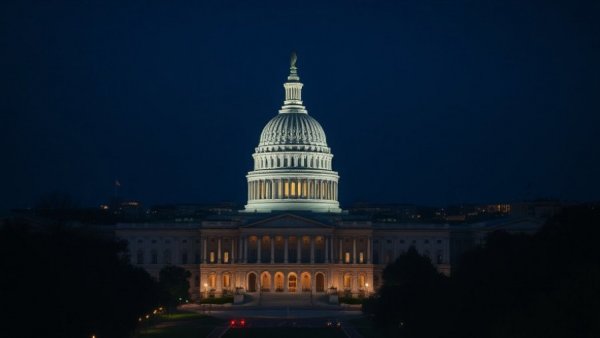 Night view of U.S. Capitol highlights government impact on flights.