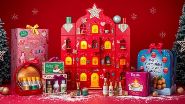 Colorful beauty advent calendars 2025 on a red backdrop.