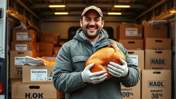 Person at Turkey Tuesday fundraiser holding a turkey next to donation boxes.