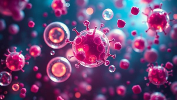 Abstract depiction of extracellular vesicle therapies, futuristic sci-fi.