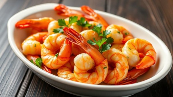 Garlic shrimp recipe with parsley garnish and rustic bread.