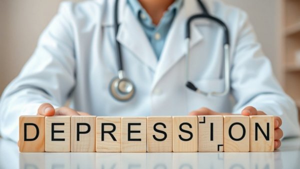 Doctor arranging blocks spelling 'DEPRESSION' in mental health context.