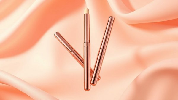 Charlotte Tilbury Beauty Light Wands on wavy peach background.