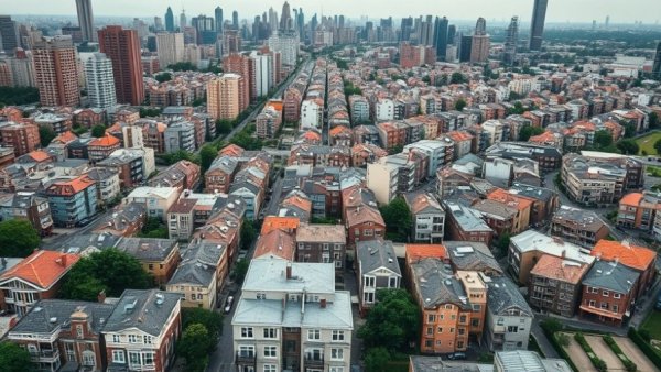 Aerial view of urban housing in Saskatoon highlighting shortage issues.