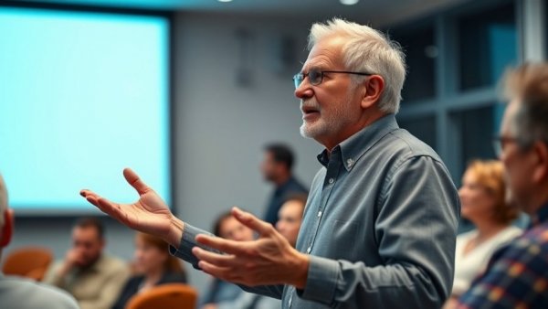 Elderly man presenting at neighborhood watch meeting.