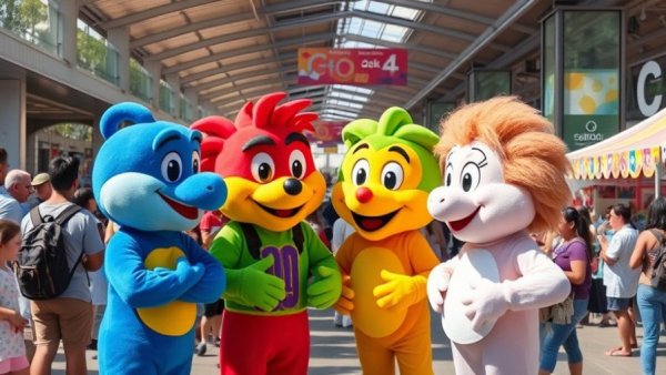 Transit-oriented living event with colorful mascots at an active station.