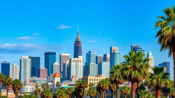 LA skyscrapers with palm trees, representing LA cannabis tax revolt theme.