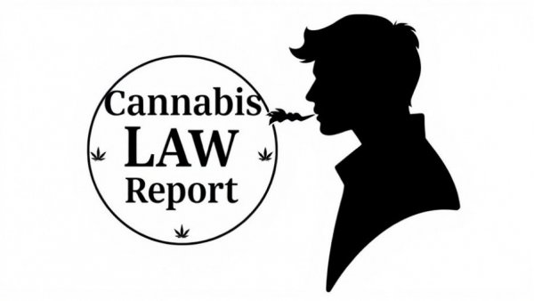Silhouette emblem of Cannabis Law Report with profile. Hemp THC Products Recriminalization.