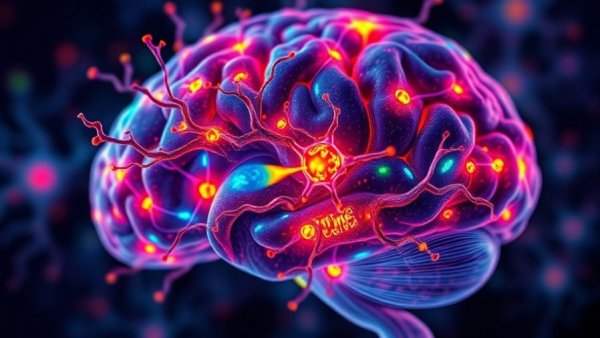 Artistic depiction of microglial inflammation in an aging brain with neuron-like patterns.