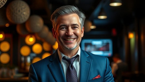 Bald man in blue suit smiling inside a restaurant.