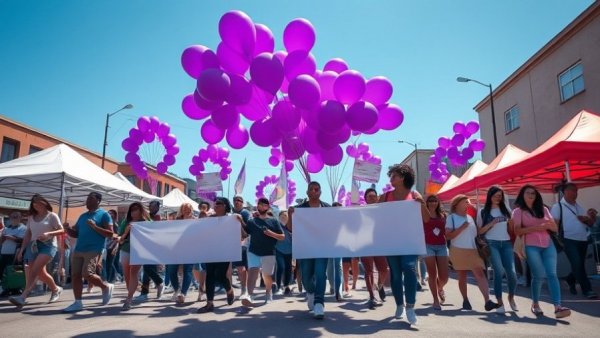 Phoenix community walk honoring lives lost to addiction, people with banners and balloons.