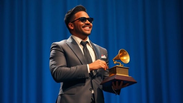 Bad Bunny wins Album of the Year at Latin Grammys, smiling on stage with Grammy.