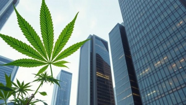 Big Pharma Cannabis Strategy: Futuristic business concept with cannabis leaf and skyscrapers.