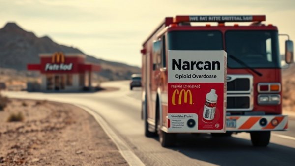 Narcan nasal spray and fire truck in opioid overdose emergency context.