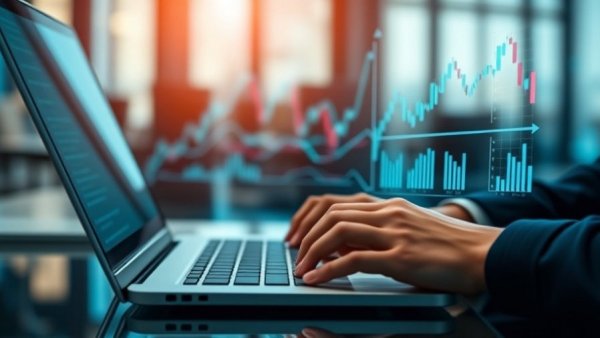 Hands typing on laptop with financial graphics; depicts automated trading mobile app.