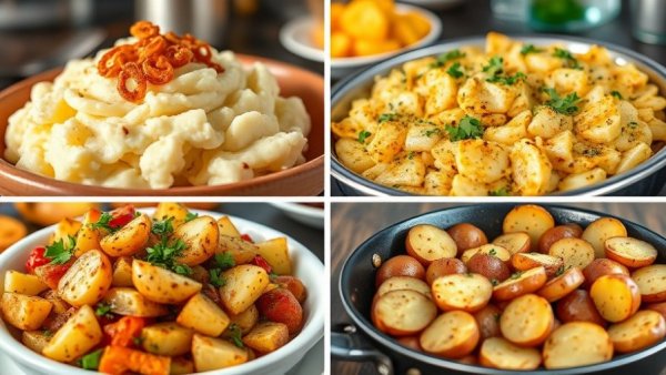 Collage of diverse potatoes recipes for holiday tables, vibrant and delicious.
