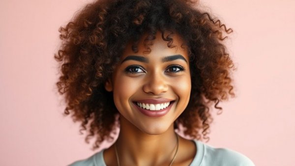 Portrait of a smiling woman with curly hair related to cannabis patents.