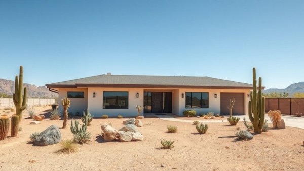 Modern home in new Buckeye neighborhood under clear sky.